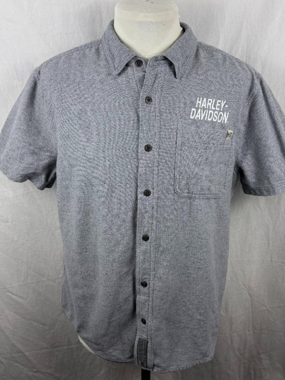 Harley-Davidson Gray Knit Snap Front Shirt Slim Fit Large #1 Back Graphic Mens